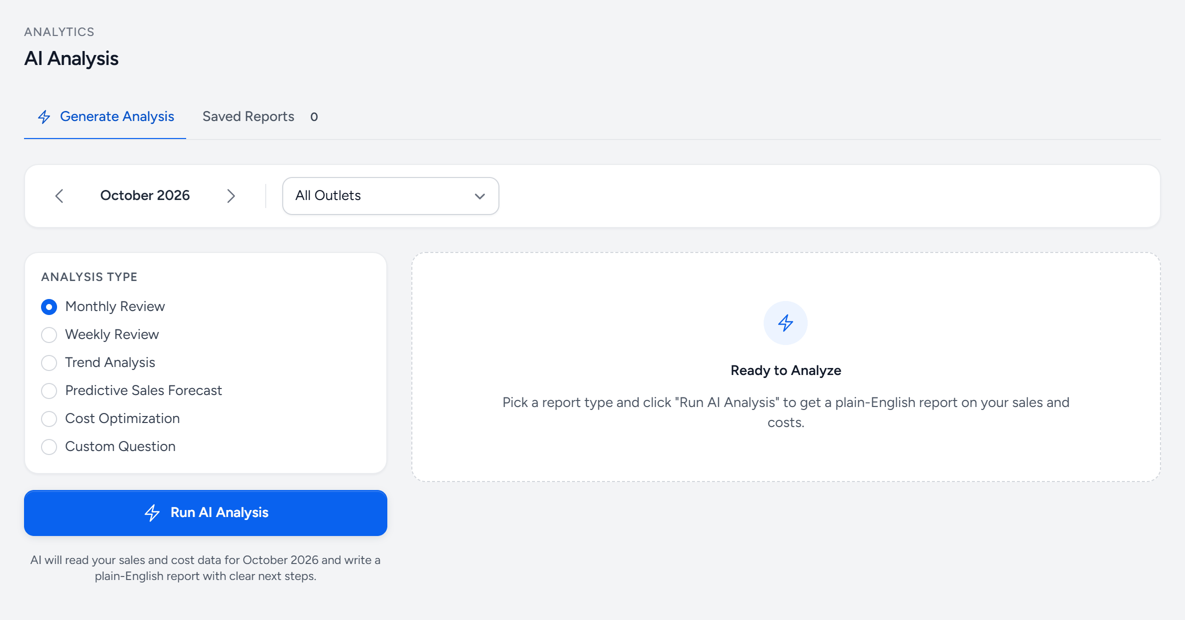 Business Intelligence, AI Analysis: Generate Analysis and Saved Reports tabs, October 2026 for all outlets, a choice of monthly review, weekly review, trend analysis, predictive sales forecast, cost optimisation or a custom question, and Run AI Analysis