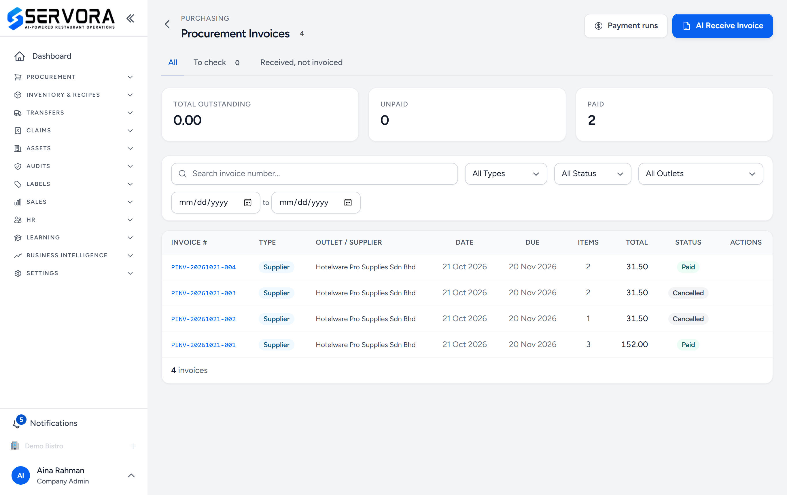 Servora with the sidebar on the left — Dashboard, then groups from Procurement to Settings, the Notifications bell and the signed-in user at the bottom — and the Procurement Invoices screen: page header, filter strip and table