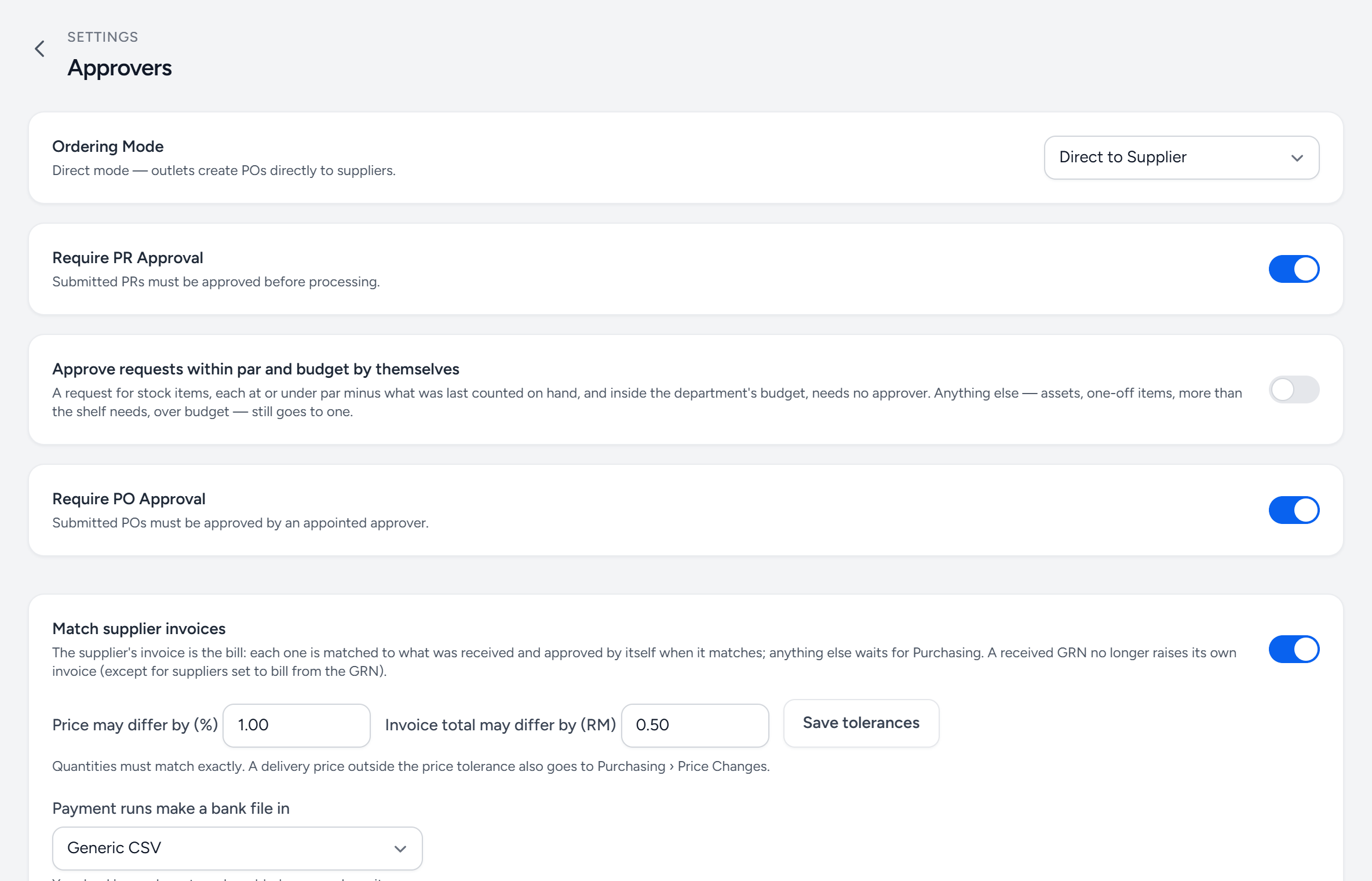 Settings, Approvers: Ordering Mode set to Direct to Supplier, switches for Require PR Approval, Approve requests within par and budget by themselves, Require PO Approval and Match supplier invoices, with the price and total tolerances and the bank file format