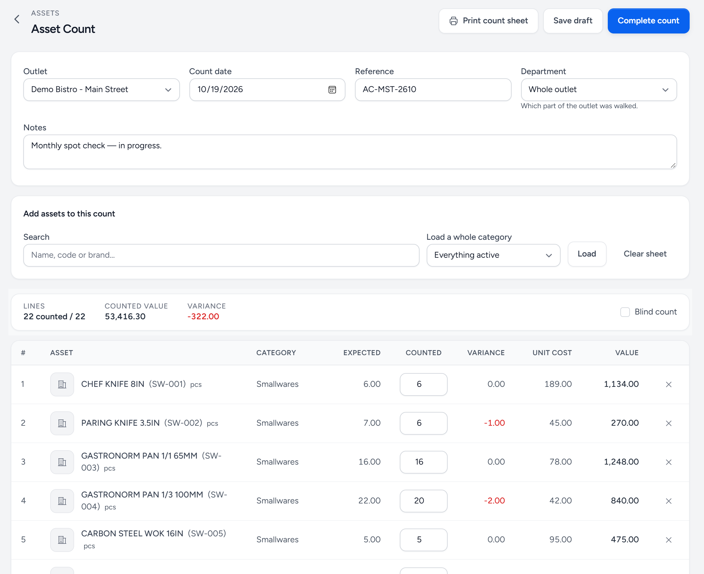 An asset count in progress at Demo Bistro Main Street: outlet, date, reference and department, Load a whole category, 22 lines counted with a variance of minus 322, and rows with Expected, Counted, Variance, Unit cost and Value