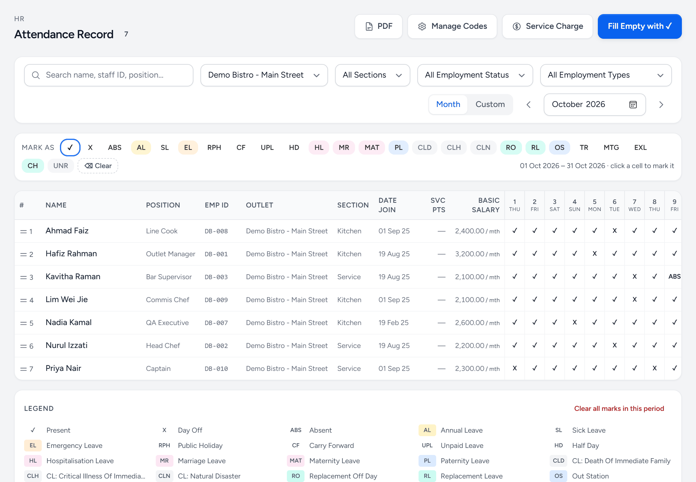 HR, Attendance Record for Demo Bistro Main Street, October 2026: a Mark as palette of attendance codes, buttons for PDF, Manage Codes, Service Charge and Fill Empty with a tick, and a grid of seven staff against days with ticks, X for days off and ABS for an absence