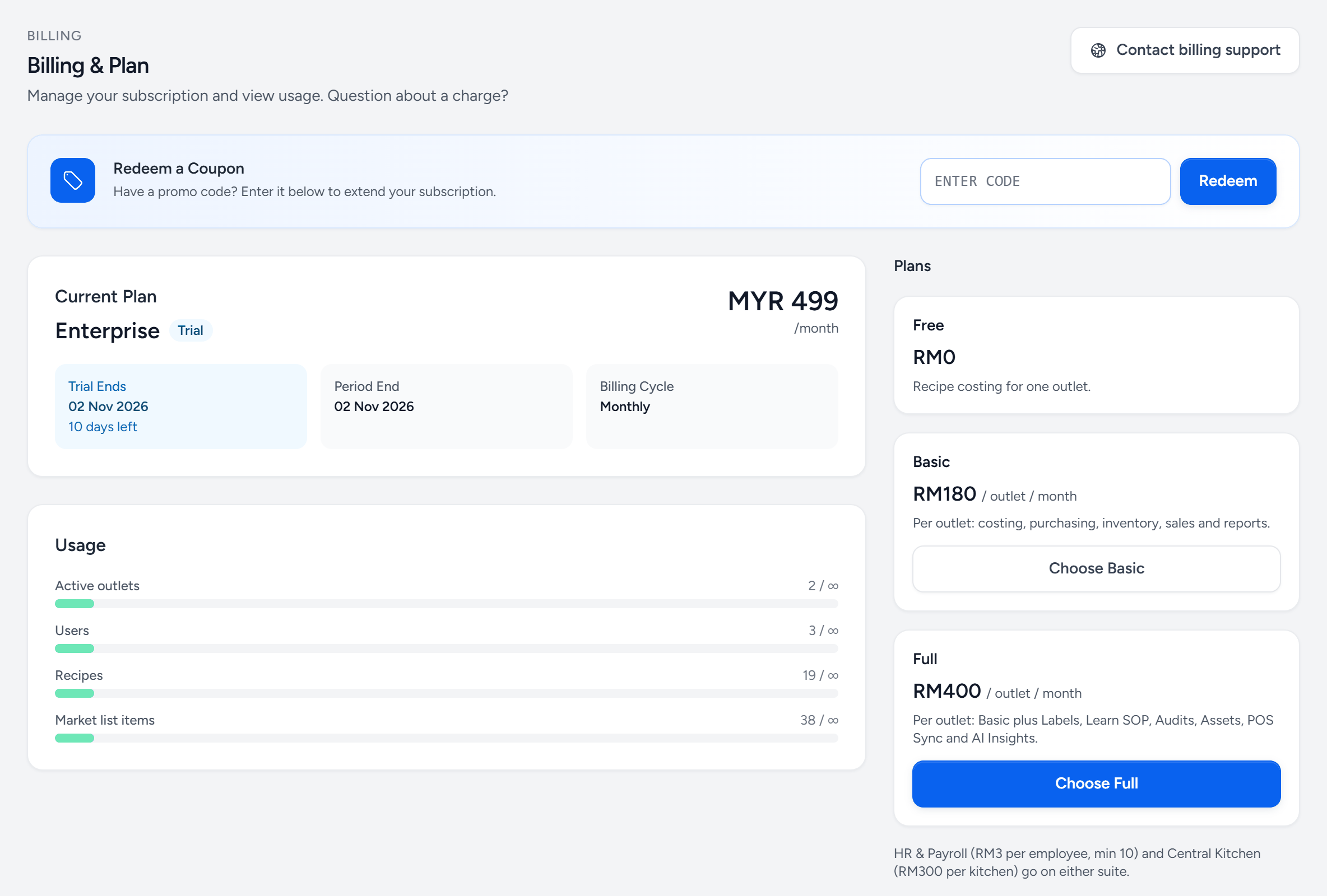 Settings, Billing and Plan: a box to redeem a coupon, the current plan on trial with 10 days left, usage bars for active outlets, users, recipes and market list items, and the Free, Basic and Full plans with what each includes