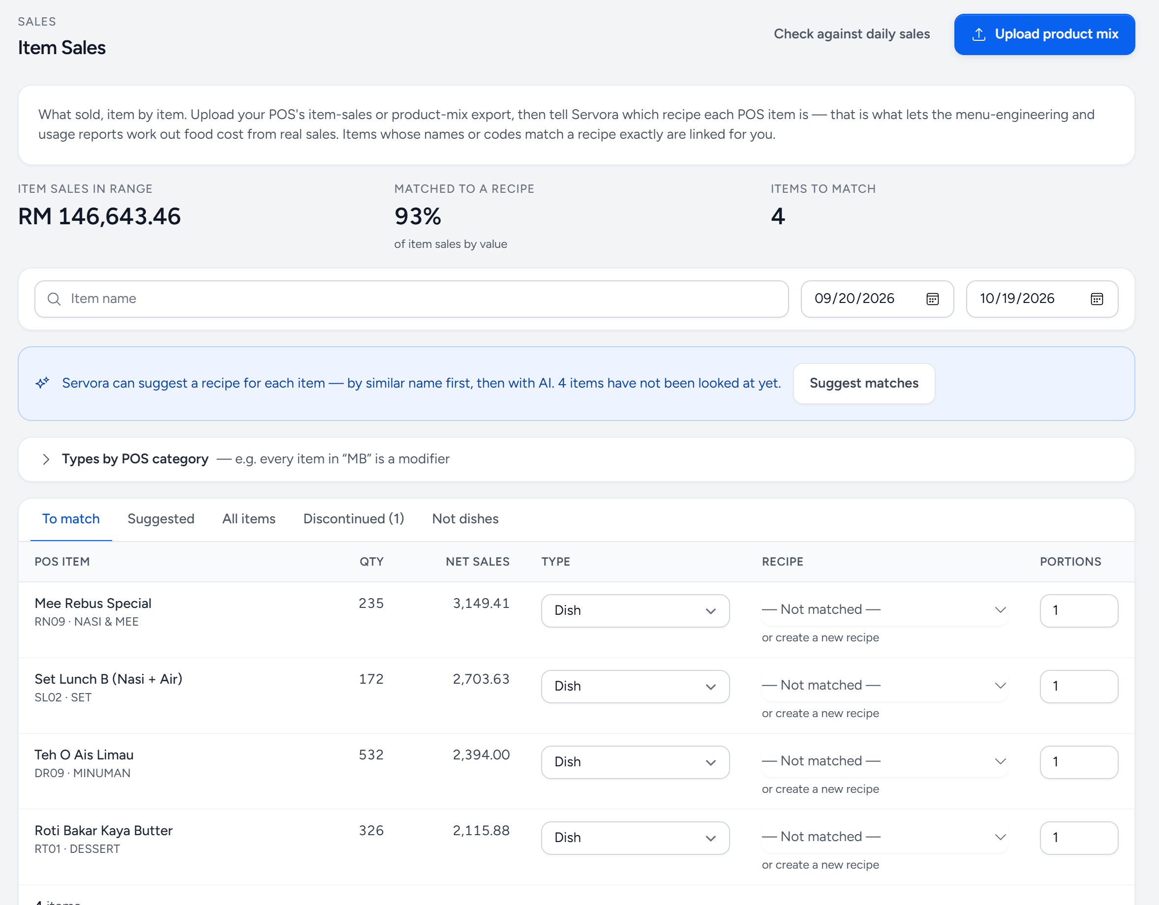 Sales, Item Sales on a demo outlet: item sales in range, 93% matched to a recipe, 4 items to match, and POS items with a type, a recipe and portions