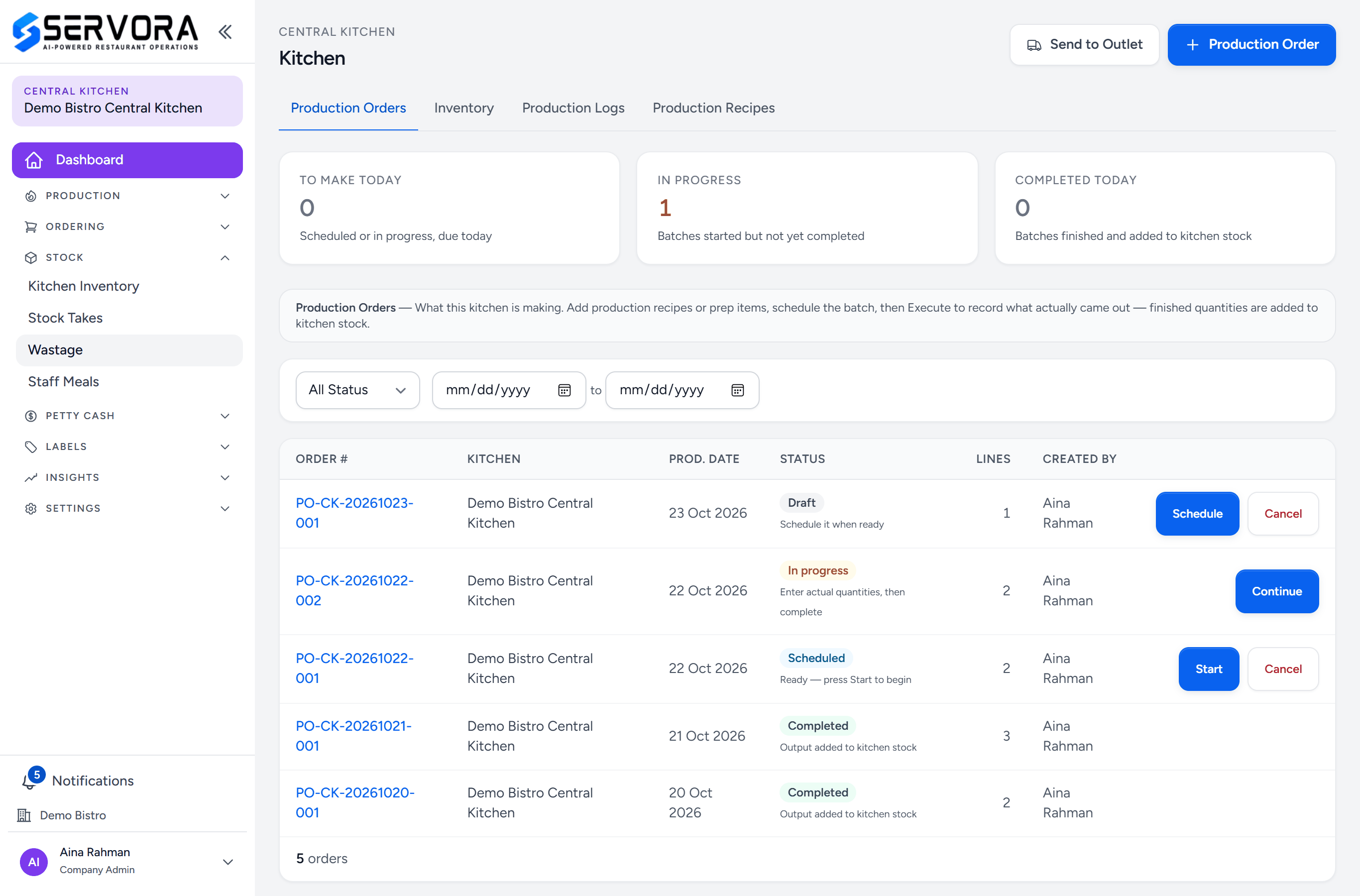The Central Kitchen workspace in purple: the kitchen name at the top of the sidebar, then Production, Ordering, Stock — open, with Kitchen Inventory, Stock Takes, Wastage and Staff Meals — Petty Cash, Labels, Insights and Settings, beside the Kitchen screen's production orders
