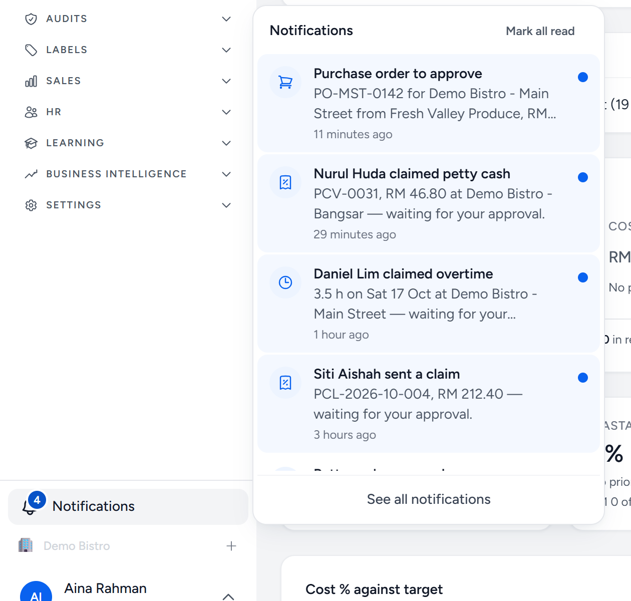 The Notifications menu open from the bell in the sidebar, with a purchase order, a petty cash claim, an overtime claim and a personal claim waiting for approval