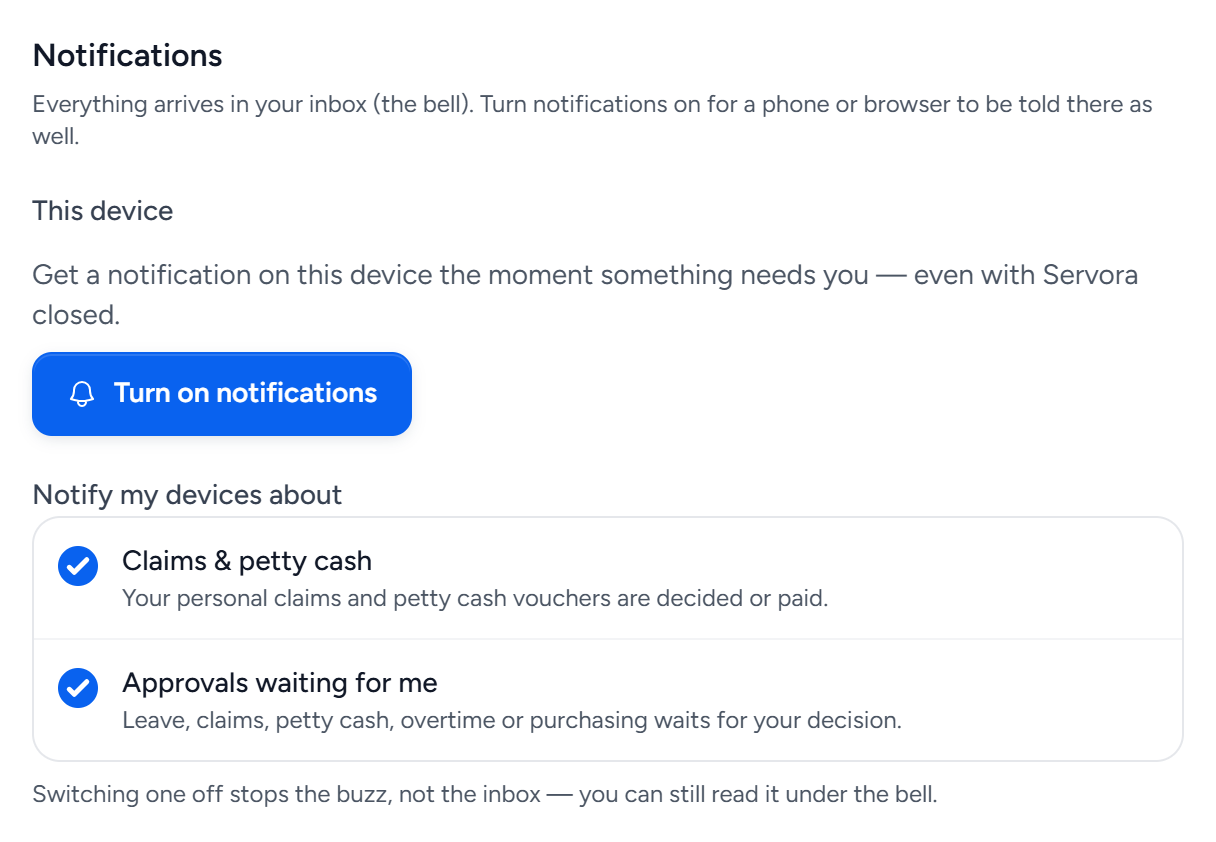 Profile, Notifications section: the Turn on notifications button for this device, and two ticked topics under Notify my devices about: Claims and petty cash, and Approvals waiting for me