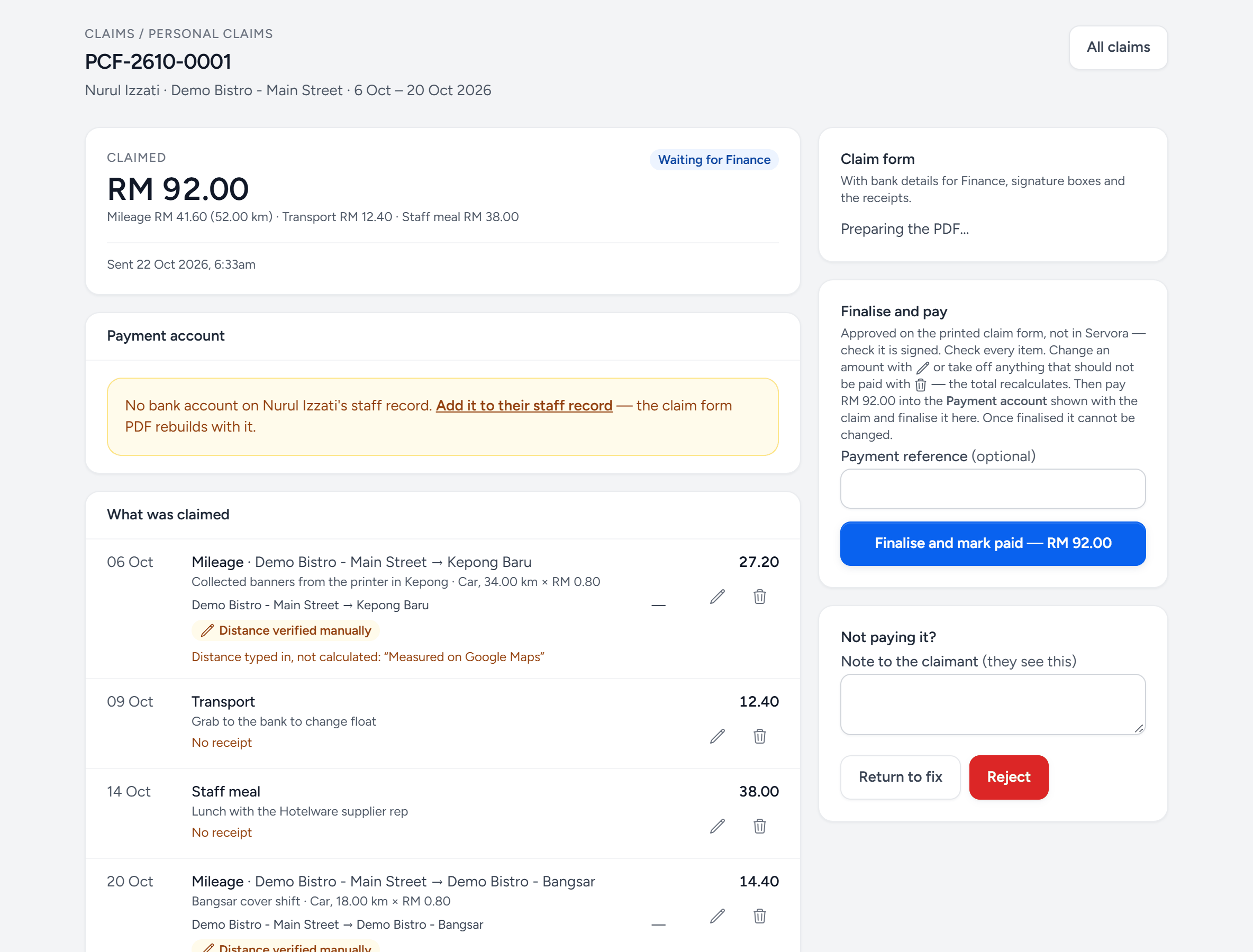 Personal claim PCF-2610-0001 from Nurul Izzati for 6 to 20 October, waiting for Finance: RM 92.00 from two mileage trips, a Grab ride and a staff meal, a warning that she has no bank account on file, and the Finalise and mark paid, Return to fix and Reject controls