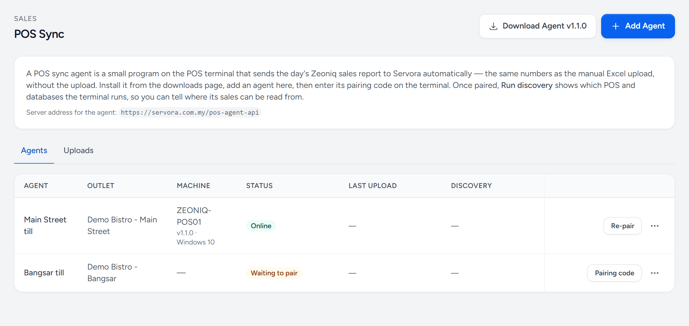 Sales, POS Sync: an explanation of the sync agent, Download Agent and Add Agent buttons, and two agents — Main Street till, online on ZEONIQ-POS01 running version 1.1.0, and Bangsar till, waiting to pair with a Pairing code button