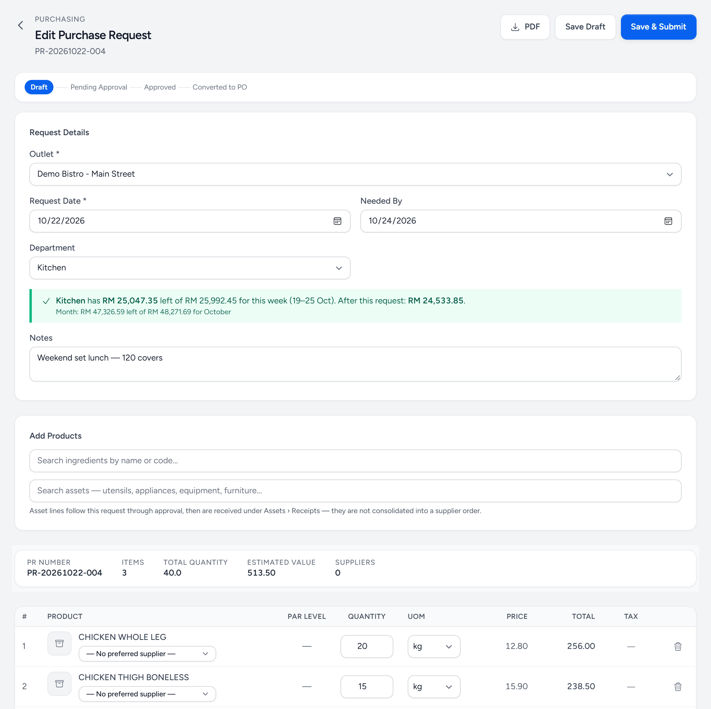 A purchase request in draft for Demo Bistro Main Street, Kitchen, needed by 24 October: a green line showing the Kitchen budget left this week before and after this request, a note, the product search, and lines for chicken leg, chicken thigh and bean sprouts