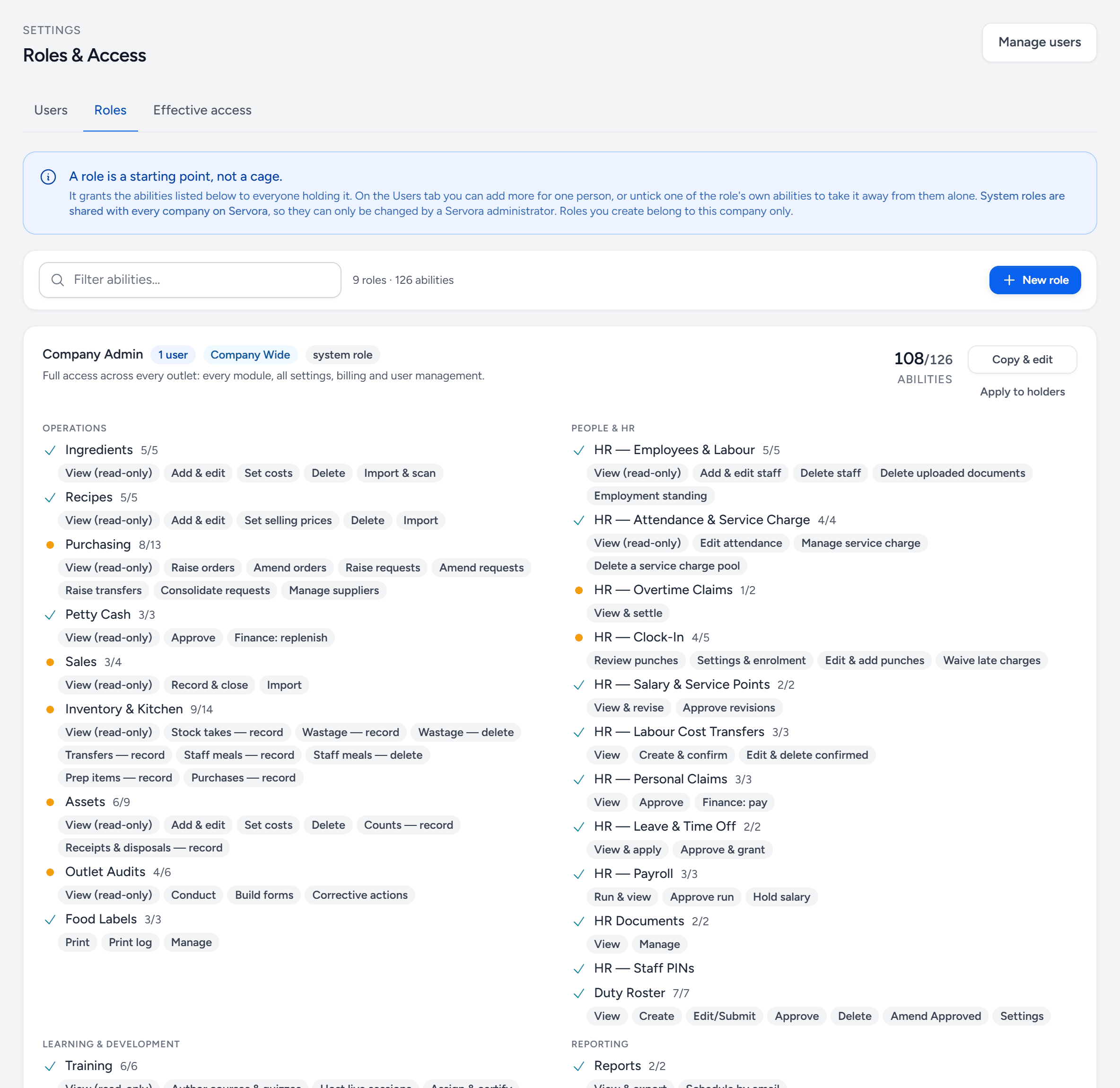 Settings, Roles and Access, Roles tab: the Company Admin role, Company Wide, with 108 of 126 abilities, listed by module — Ingredients, Recipes, Purchasing, Petty Cash and so on — with each ability as a chip