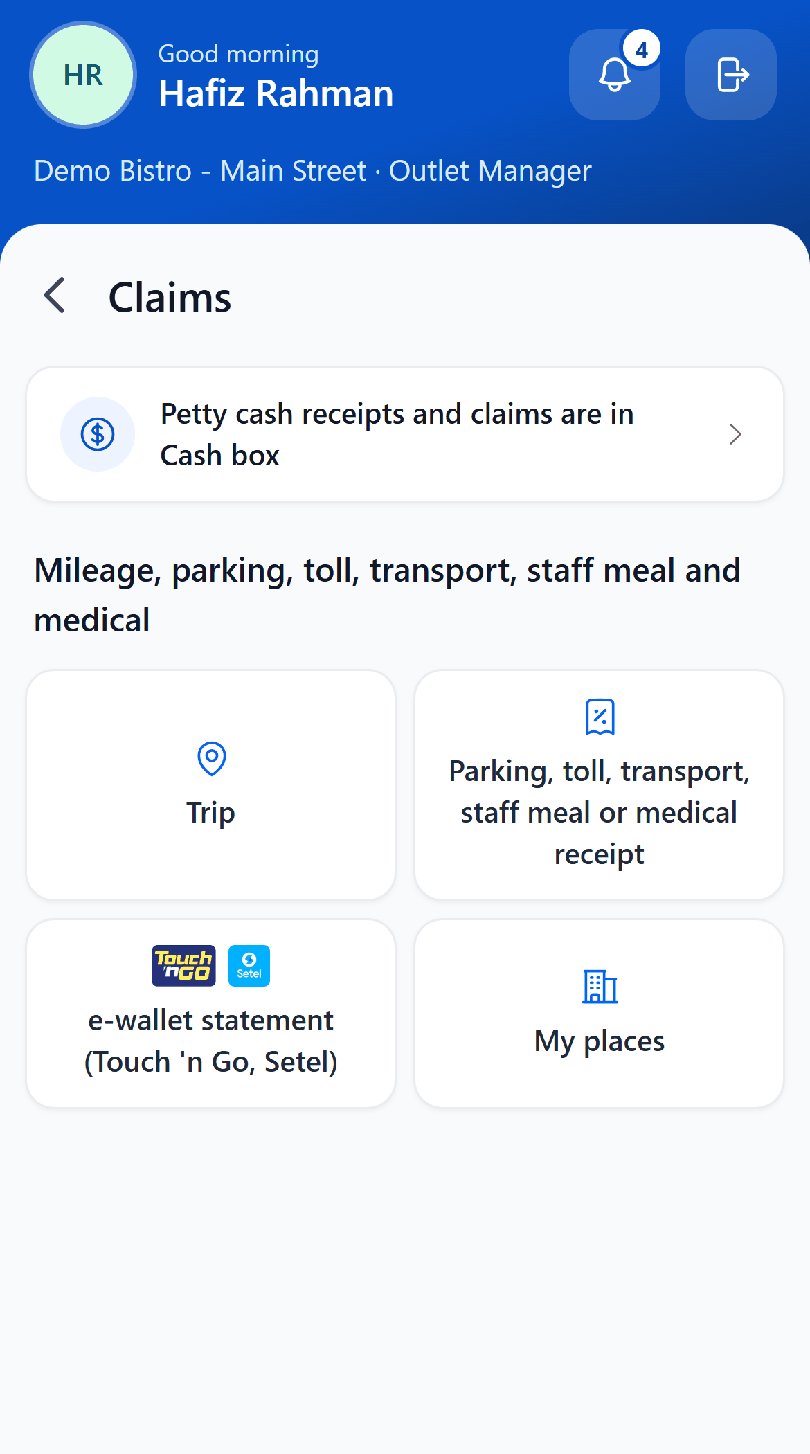 The Staff Portal Claims page on a phone: a link to Cash box for petty cash, then tiles for a Trip, a parking, toll, transport, staff meal or medical receipt, an e-wallet statement from Touch n Go or Setel, and My places