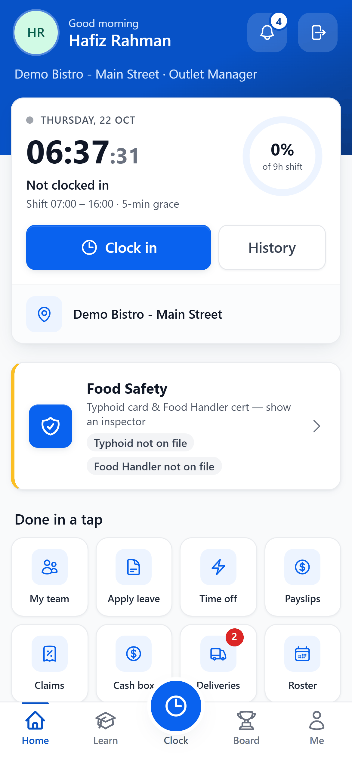 The Staff Portal home screen on a phone for Hafiz Rahman at Demo Bistro Main Street: the time, Not clocked in, his 07:00 shift with a 5-minute grace, Clock in and History buttons, the outlet, and tiles for team, leave, time off, payslips, claims, cash box, deliveries and roster