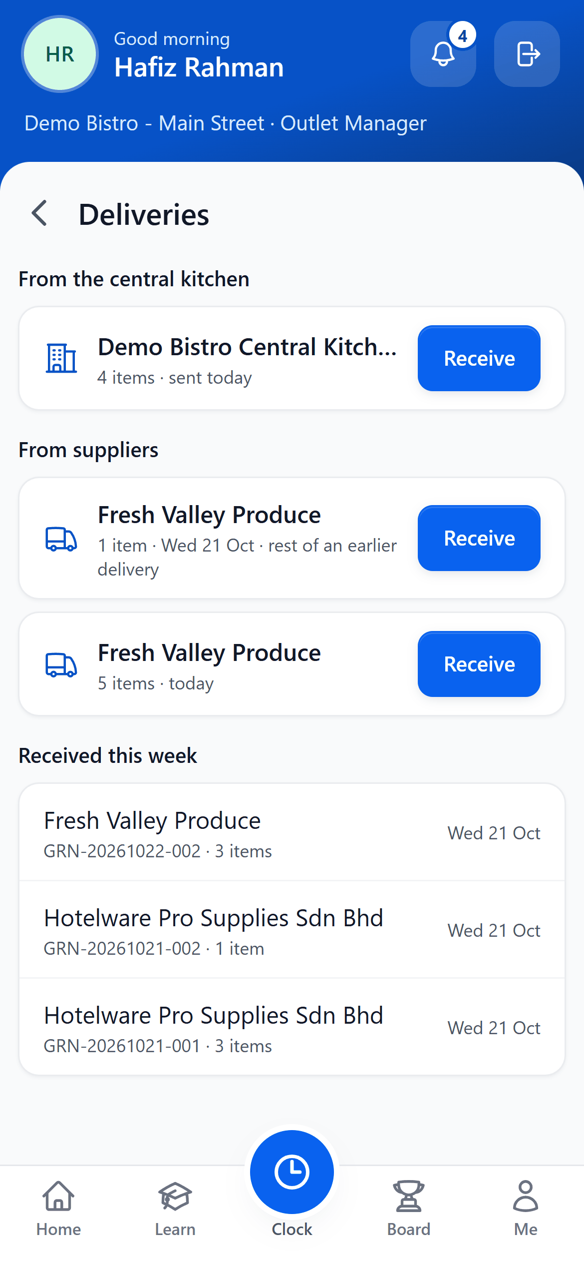 The Staff Portal Deliveries page on a phone at Demo Bistro Main Street: From the central kitchen, one transfer of four items sent today with a Receive button, then deliveries from suppliers and what was received this week