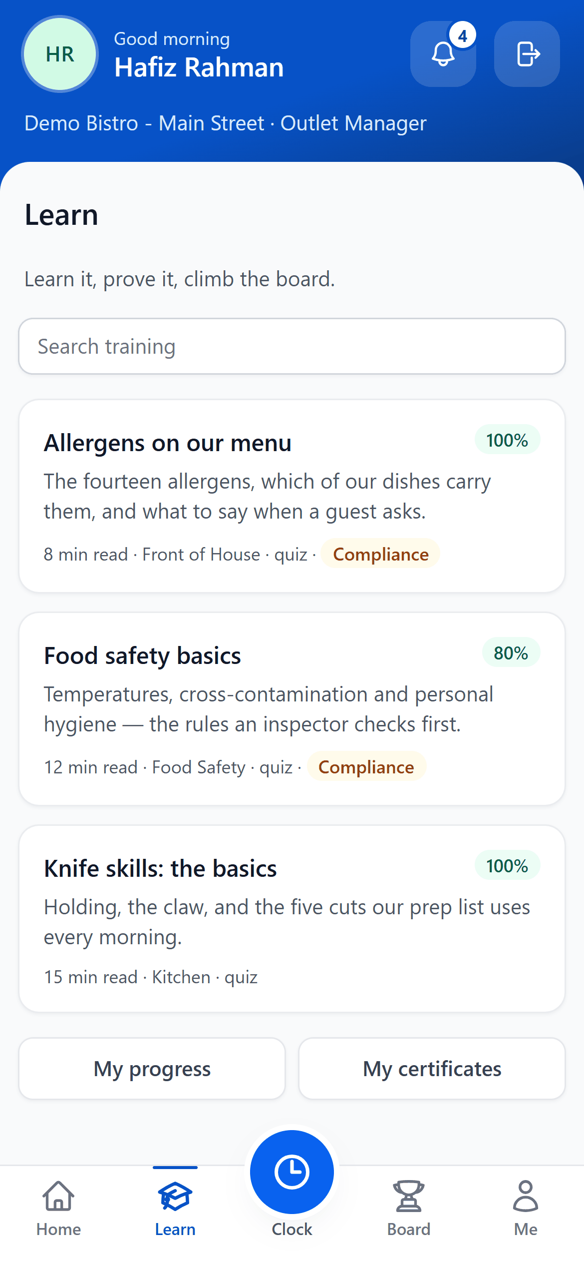 The Staff Portal Learn page on a phone: Learn it, prove it, climb the board; a search; three courses — Allergens on our menu 100%, Food safety basics 80% and Knife skills 100% — with reading time, category and compliance badges, and My progress and My certificates