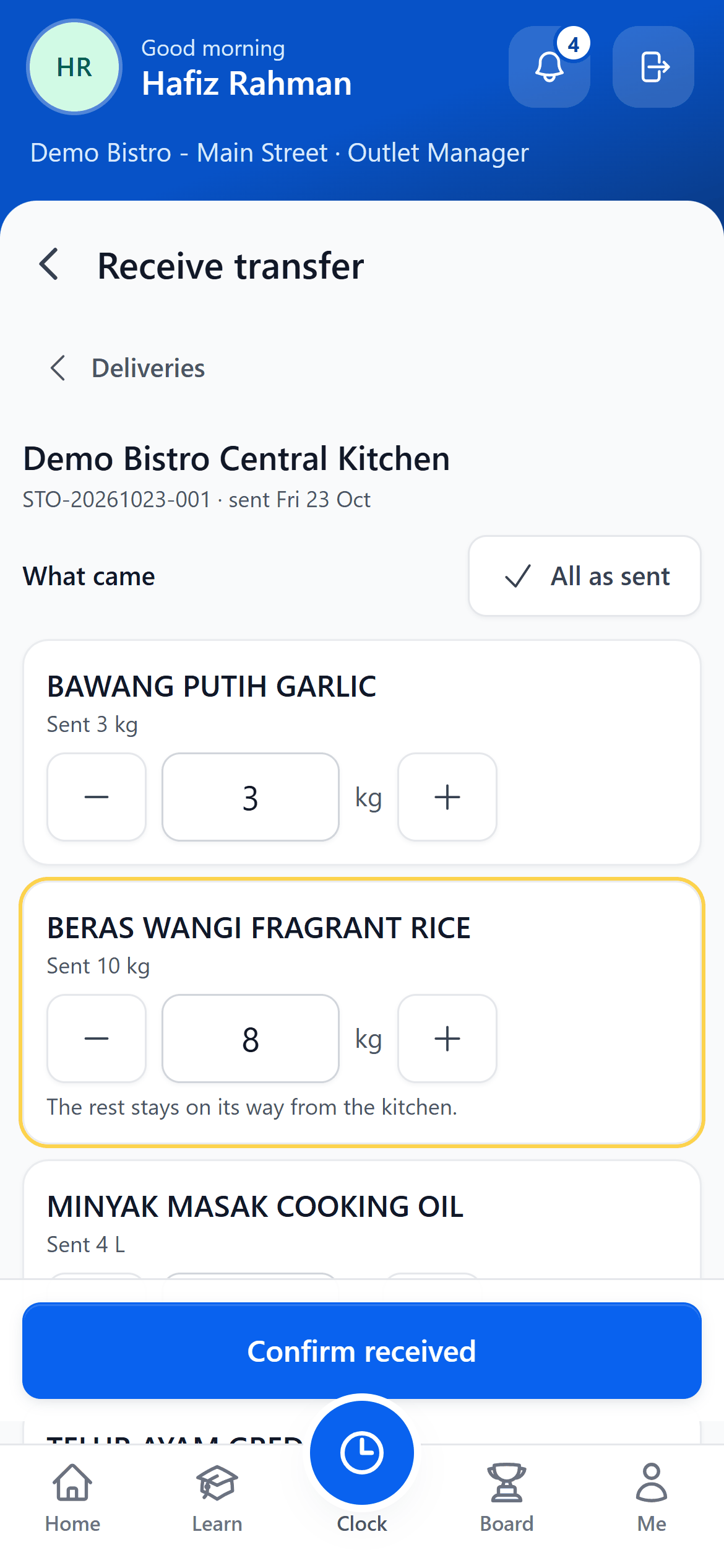 Receiving transfer STO-20261023-001 from Demo Bistro Central Kitchen on a phone: garlic sent 3 kg and received 3, fragrant rice sent 10 kg with the stepper at 8 and the note that the rest stays on its way from the kitchen, and a Confirm received button
