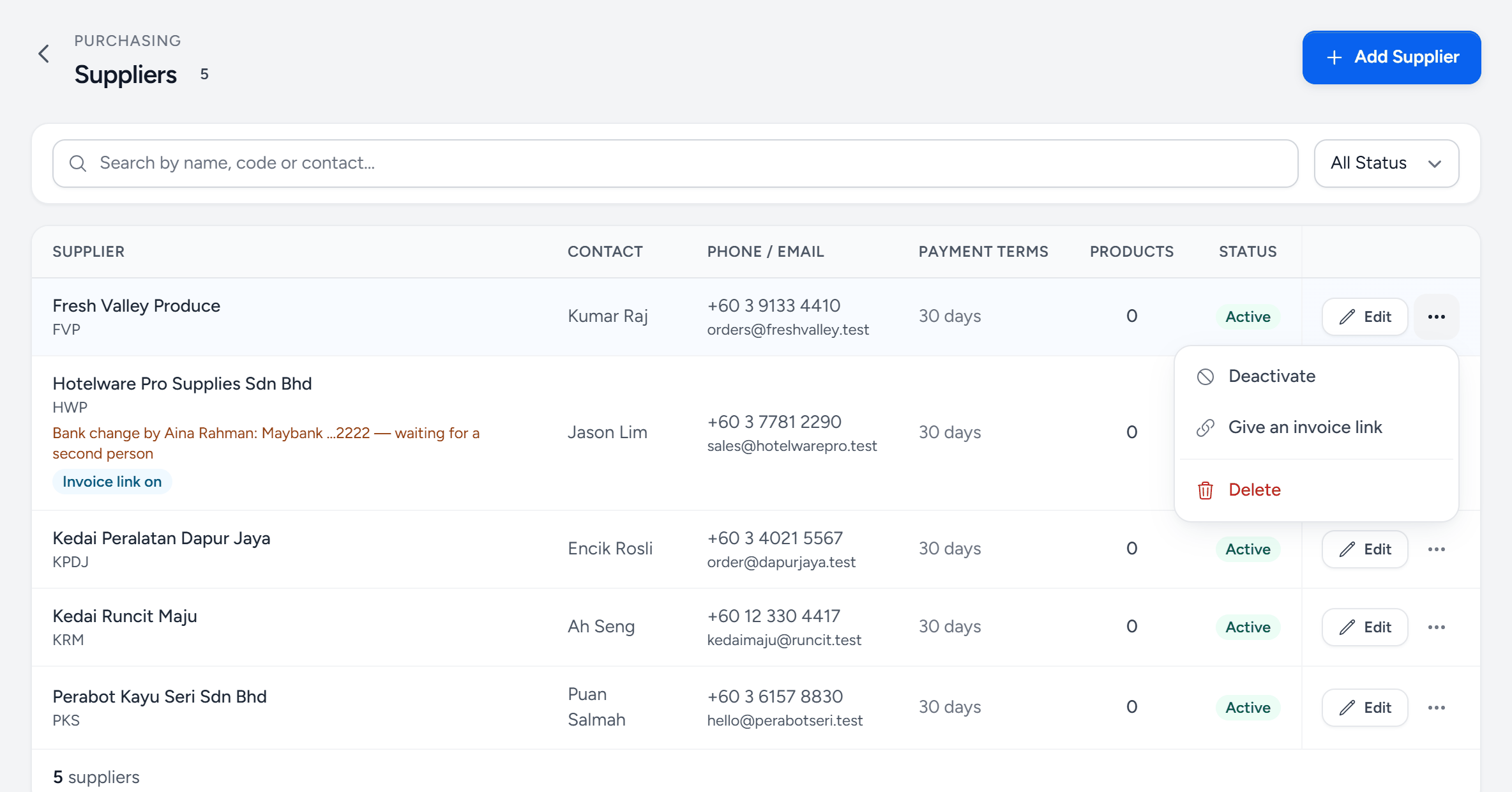Procurement, Suppliers: five suppliers with contact, phone and email, payment terms and status; Hotelware Pro Supplies shows a bank change waiting for a second person and Invoice link on, and the row menu for Fresh Valley Produce is open with Deactivate, Give an invoice link and Delete