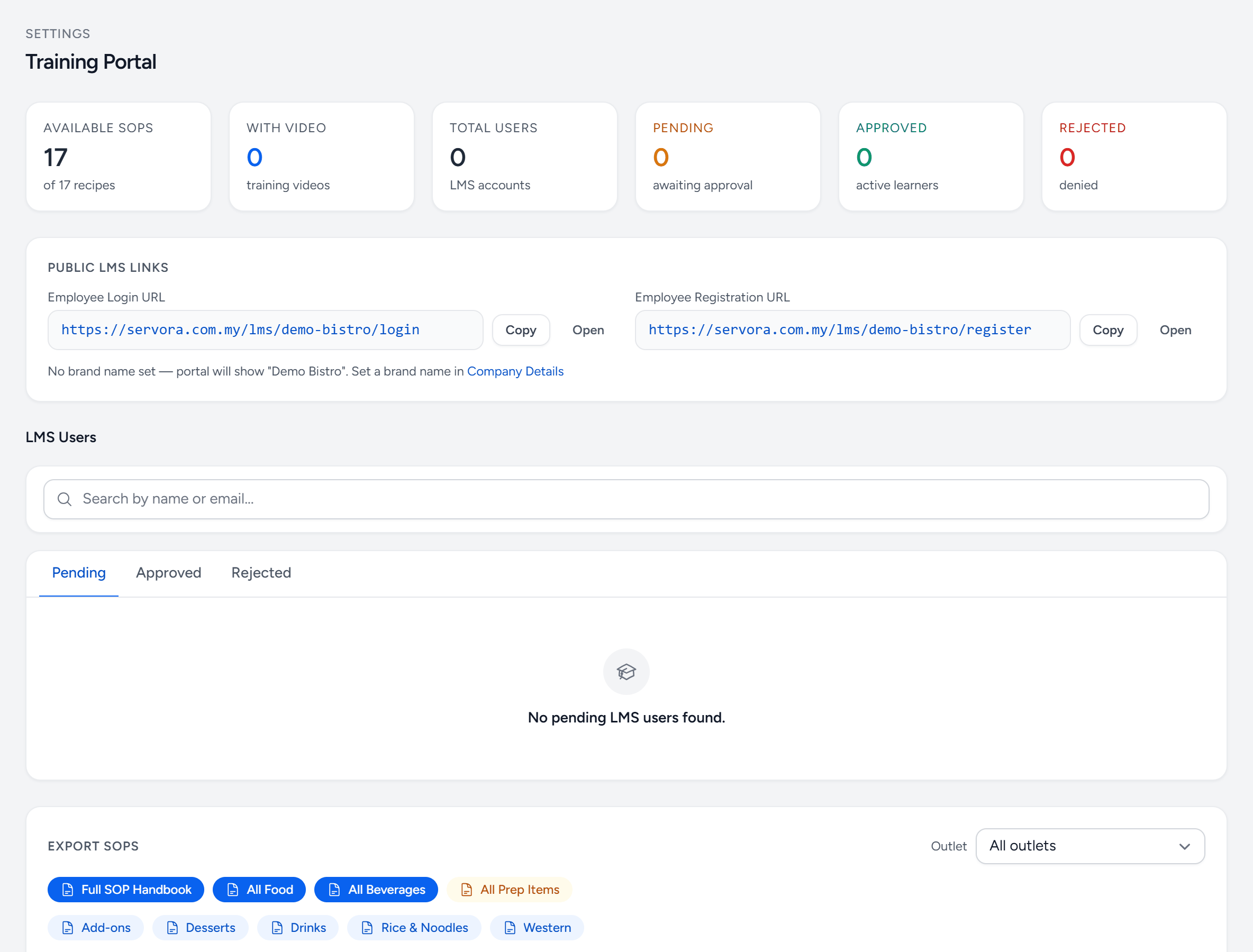 Settings, Training Portal: 17 SOPs available, users pending, approved and rejected, the employee login and registration links with Copy and Open, a list of training portal users awaiting approval, and SOP PDFs to export by category