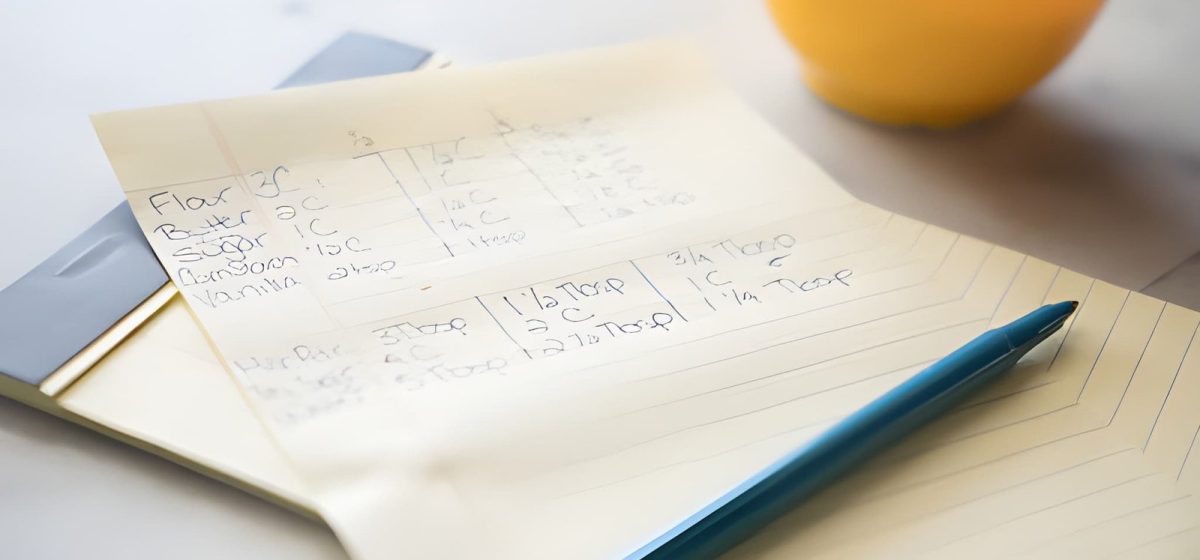 A recipe and its quantities written out by hand on a notepad
